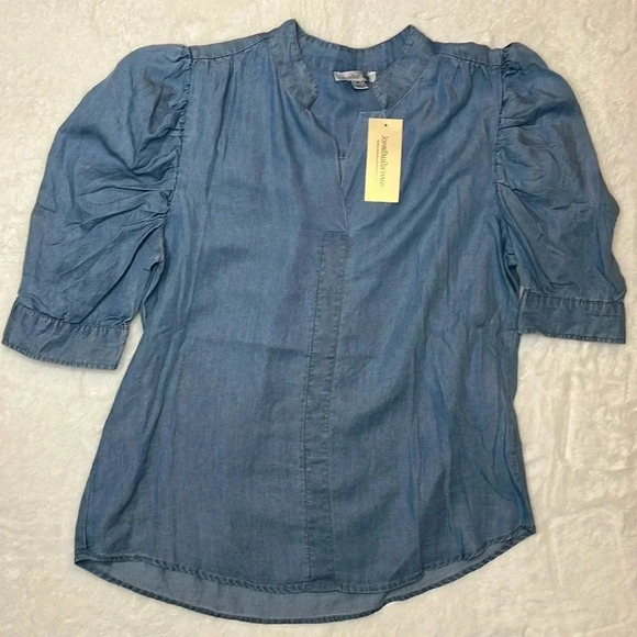 John Paul Richard Puff Sleeve Chambray Blouse Size M NEW - Picture 2 of 5